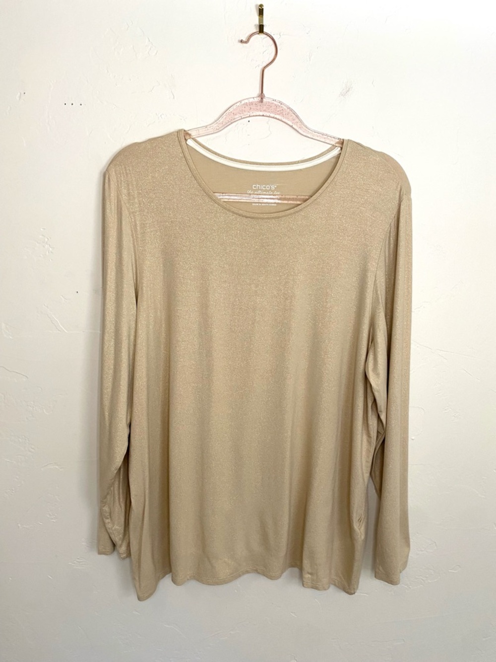 Chico's 3/XL Champagne Shimmer Ultimate Tee Women's Neutral Sparle Long-Sleeved